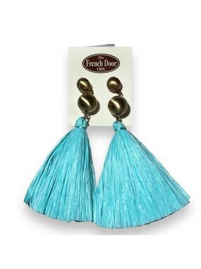 Raffia Tassel Drop Earrings Brass/Turquoise
